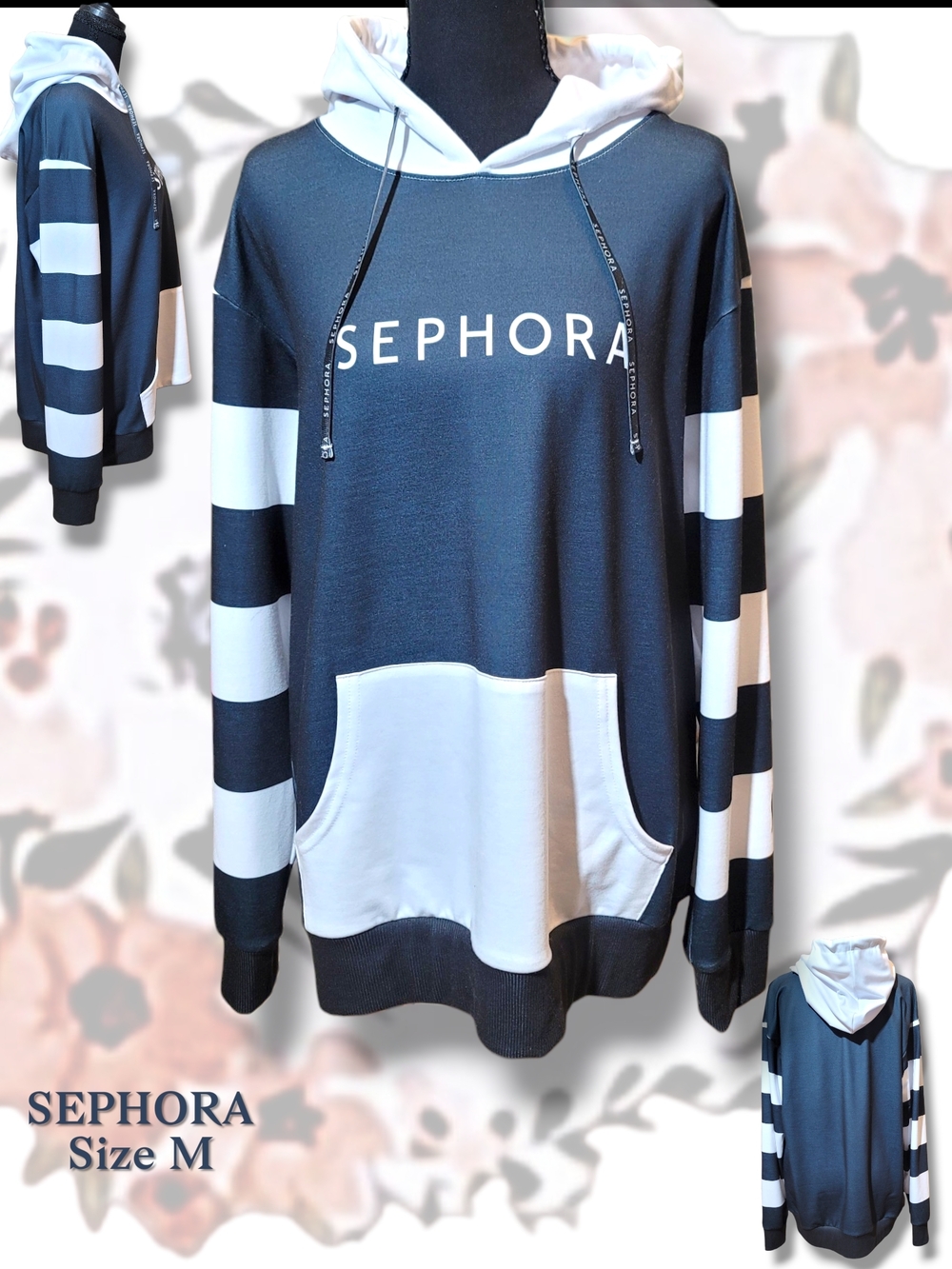 Sephora Navy & White Striped Logo Hoodie Size M